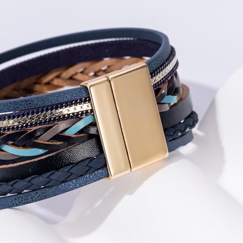 Boho Leather Wrap Bracelets Beaded Stackable Cuff Bracelet Country Concert Outfits Cowboy Cowgirl Western Jewelry Gifts for Women - color: Stone-Blue
