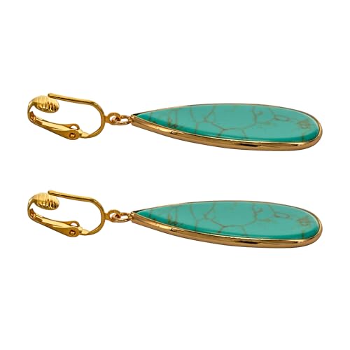 Aloha Earrings Non Pierced Gold Tone Clip On Natural Stone Teardrop Dangling Earrings - style: Turquoise