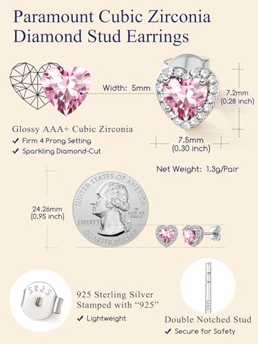 Suplight 925 Sterling Silver Birthstone Stud Earrings for Women, Round/Heart/Teardrop/Square Crystal Diamond Earrings for Women, Dainty Birthday Gifts Jewelry - color: style b-10. heart-October(Created Tourmaline)