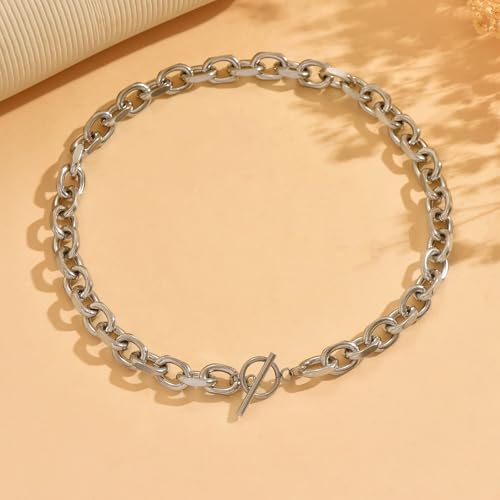 Chunky Gold Necklace for Women, 18K Gold Plated Paperclip, Figaro Link Chain Necklace, Toggle Clasp Necklaces, Trendy Non Tarnish Jewelry, Christmas Gifts - style: 10mm Cable Toggle 16.5''-White Gold