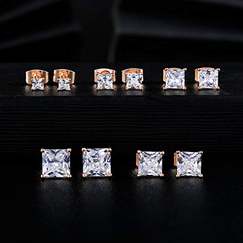MDFUN 5 Pairs Square Earrings Set for Women Hypoallergenic 18K White Gold/Yellow Gold/Rose Gold Plated Princess Cut Clear Cubic Zirconia Stud Earring 3-7MM Pack of 5 - color: Rose Gold