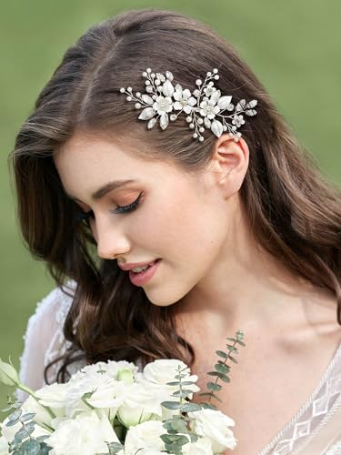 SWEETV Silver Bridal Hair Comb for Wedding Hair Accessories, Handmade with Crystals, Pearls, and Leaves, 4.72 x 2.75 inches, for Brides, Women | Handmade Crystals Pearls Leaves Bridal Hair Accessories, Wedding Hair Pieces for Brides Bridal Hair Pieces 4.7