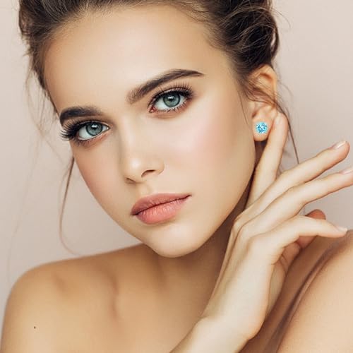 Titanium Flat Back Surgical Stainless Steel Stud Earrings for Women Men,Birthstone Stud Earrings Hypoallergenic Double Side 5A Cubic Zirconia Studs Jewelry 6mm - color: March (Aquamarine)