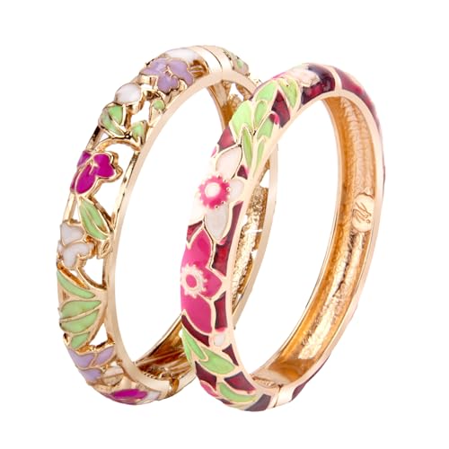 UJOY Cloisonne Bracelet Lotus Flower Plated Cuff Bangle Enameled Jewelry Bracelets Gift for Women Pack in Case 88B16 - color: 2 Pcs Set-White and Red