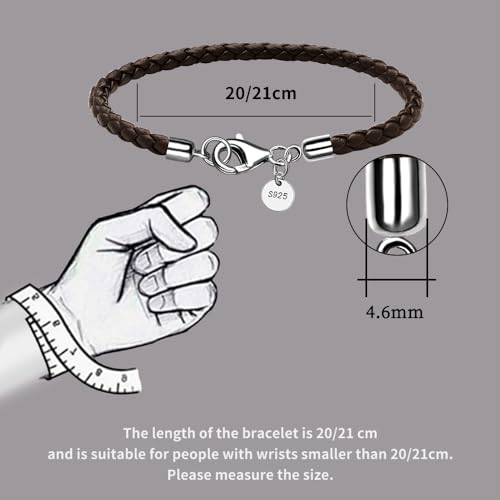 Leather Bracelet for Men Women 4MM Braided 925 silver Clasp 20/21/22cm with Jewelry Gift Box Handcrafted - color: Brown, size: 7.8''
