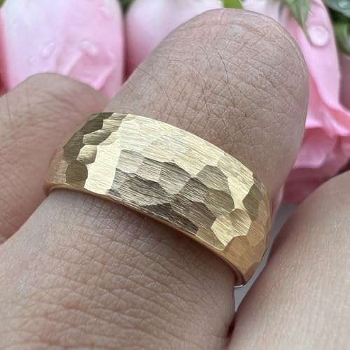 TUTISS 6mm 8mm Silver/Black/Gold/Rose Gold Hammered Tungsten Rings for Men Women Couple Fashion Jewelry Engagement Wedding Bands Domed Matte Finish Comfort Fit - color: 8mm Gold I Love You Engraved