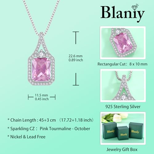Created Gemstone Necklace 925 Sterling Silver Halo Rectangular Pendant Birthstone Necklaces Jewelry Gifts for Women - color: 10 October - Pink Tourmaline