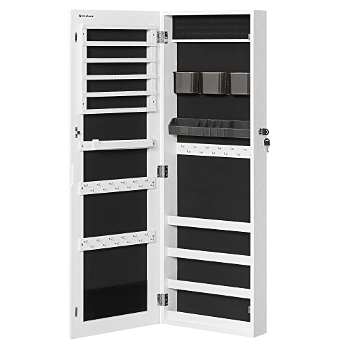 SONGMICS Jewelry Cabinet Armoire, Lockable Wall-Mounted Organizer Unit with 2 Plastic Cosmetic Storage Trays, Full-Length Frameless Mirror, White UJJC001W01 - color: White, style: 42.5-Inch Basic