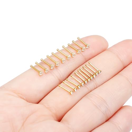 Hoeudjo Nose Studs Surgical Steel Cubic Zirconia Nose Rings Kit for Women Men Tiny Nose Stud Screw & Bone & L Shaped Nostril Piercing Jewelry 24-18 Gauge 20 Pieces Set - color: gold-tone,nose bone studs, size: 20g/2.0mm clear CZ