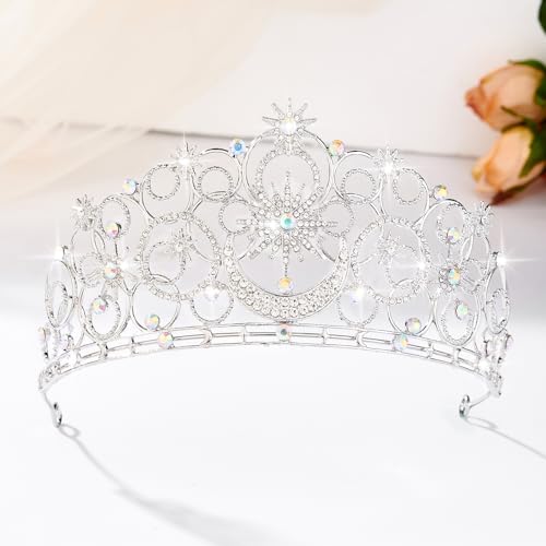 Crystal Crowns for Women, Crystal Bubble TiaraBride Royal Queen Headband Princess Headpieces for Women Bridal Wedding Prom Birthday Party Crowns - color: Silver Star & Moon Crown