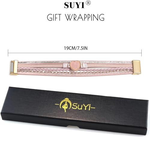 Suyi Multilayer Leather Wrap Bracelet Heart-Shape Wide Bracelets for Women - color: Pink 2