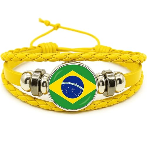 World Cup National Team Soccer Fan Bracelet – Faux Leather – Sports Fashion Jewelry - color: Brazil Yellow