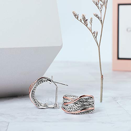 Mytys Two Tone Huggie Hoop Earrings Cross Over Design Twisted Rope Silver Gold Statement Wide Band Clip On Hoops for Women Fashion Jewelry Gift - color: Rose Gold & Silver