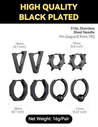 ChainsHouse Stud Earrings for Men Women,316L Stainless Steel/14K Gold/Black Plated Metal, Punk Hypoallergenic Surgical Huggie Hoop Earrings Mens Jewelry Piercing Hoop Earrings - style: F: Black-Different Disign(4 Pairs)