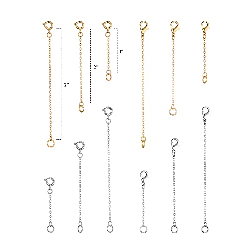 Softones 12-18Pcs Ankle Bracelets Extenders-Extension for Womens Jewelry(1 2 3 Inch),with Lobster Clasp and O-Clasp from Gold Silver Rose Gold - color: A:6-Lobster clasp 6-O-clasp