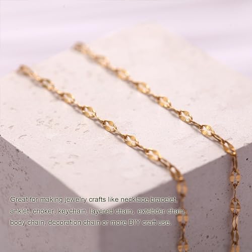 Kyutong Thin Stainless Steel Chain Roll Gold Chain for Jewelry Making | 32.8 Feet Jewelry Chain for Keychain Necklace Bracelet DIY Gold PVD Plated Stainless Chains Bulk with Jewelry Connectors - color: Gold Lip