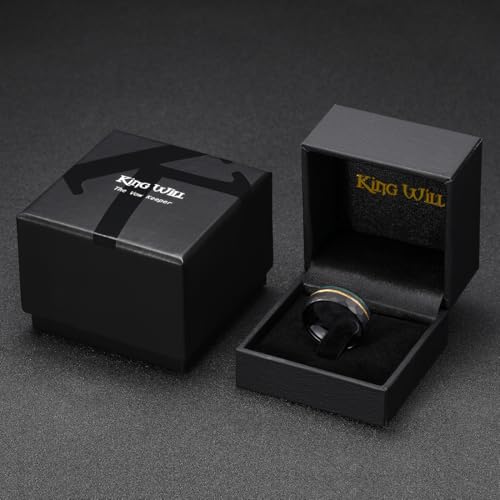 King Will Black Tungsten Rings for Men Hammer Wedding Band | Black, Grooved, Hammer Wedding Band Gold Groove, Sand Inlay, Everyday Wear - color: Black & Blue Green Sand Inlay