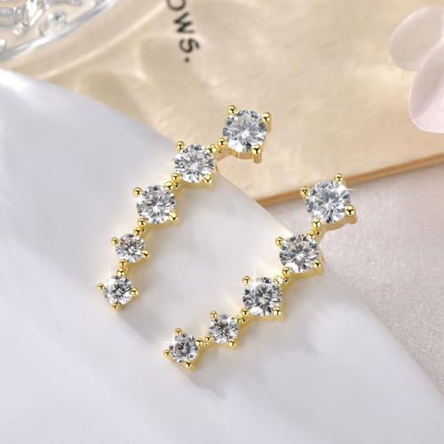 Moissanite Crawler Stud Earrings for Women, 14K Gold Plated Imitation Diamond 2.4 Carats Earrings Jewelry Valentine Anniversary Day Birthday Gifts for Her - color: Golden