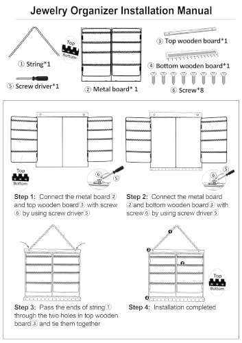 Hanging Jewelry Organizer 4-Tier Wall Earring Holder for Necklaces, Rings | Natural wood & solid metal wall jewelry rack , Dual earring grid slots & bottom hooks store earrings, bracelets