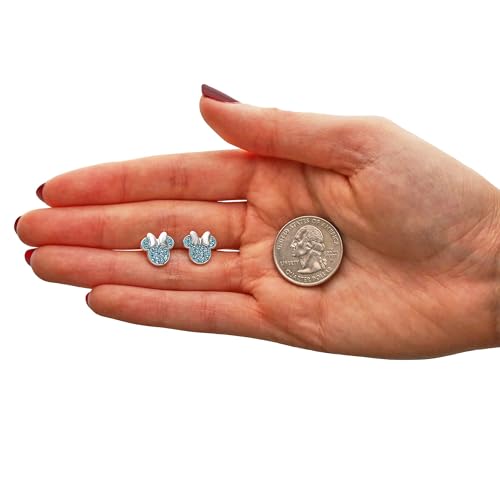 Disney Minnie Mouse Jewelry, Sterling Silver Pave Birthstone Crystal | Stud Earrings - color: March-Aquamarine Light Blue Crystal