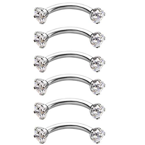 Briana Williams 6pcs Stainless Steel Rook Daith Earrings Belly Lip Ring Eyebrow Studs Cartilage Tragus Cubic Zirconia Barbell Body Piercing 8mm (5/16") - color: 4 -Silver Clear CZ