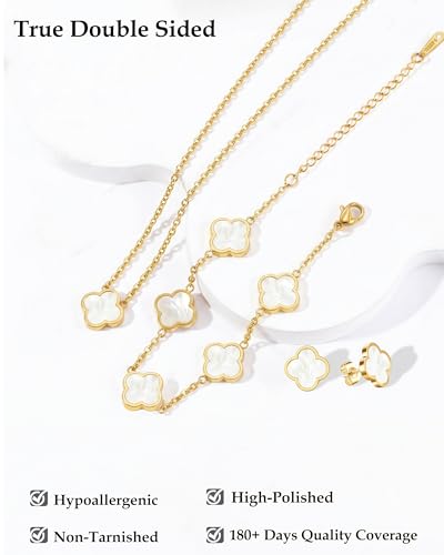 Clover Jewelry Set 3 PC - 18K Gold Plated Stainless Steel Y Necklace Four Leaf Pendant, Clover Bracelet Charm, 4leaf Earrings, Hypoallergenic Non-Tarnish, Lucky Jewelry Gifts for Women Mom - color: White/Gold