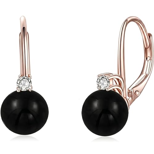 TIGER RIDER Pearl Earrings 925 Sterling Silver Leverback Hypoallergenic Drop Earring Jewelry for Women Birthday Gifts - style: Black Onyx rose gold