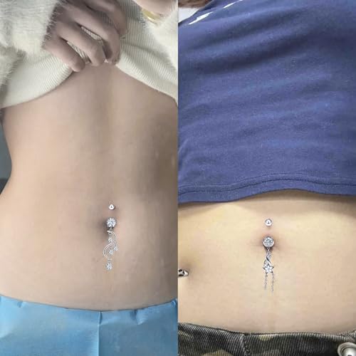 Vsnnsns 14G Dangle Belly Button Ring Piercing Jewelry 316L Stainless Surgical Steel Navel Rings Cubic Zirconia Heart Flower CZ Dangling Belly Button Ring Piercing Jewelry for Women 14 Gauge - color: Silver Tone B
