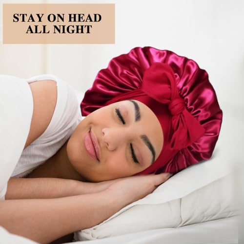 2+3 Large Satin Bonnets with Scrunchies for Women, Hair Bonnet Sleeping Tie Bonnet for Braids Curly Hair - color: G - Wine Red, Navy