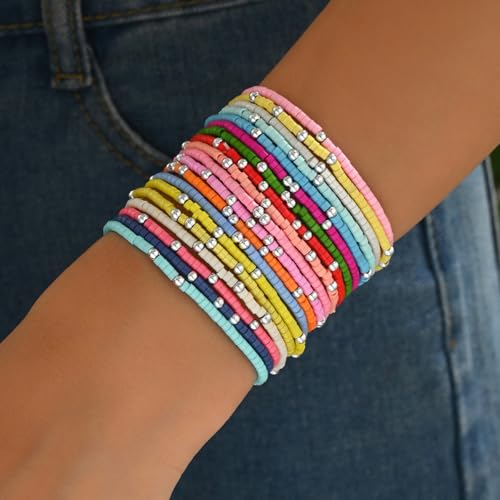 Cute Handmade Colorful Tiny Seed Beads Stackable Bracelets Set Bohemian Gold Beaded Elastic Multilayered Stretch Bracelet for Women Rainbow Surfer Boho Beach Jewelry - style: Set D