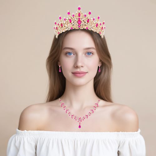 Crystal Crown and Tiara Jewelry Set for Women Bride with Necklace Earrings | Metal Rhinestone Royal Queen Princess Jewelry Set Wedding Quinceanera Pageant Prom Birthday Halloween Party Costume Gift - color: Style E-Hot Pink