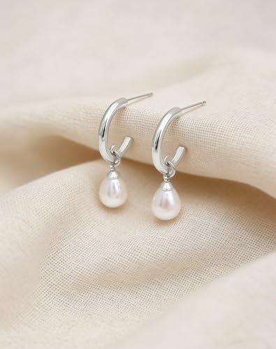 Pearl Earrings for Women Trendy, 14k Gold Plated Freshwater CZ Leaf Pearl Dangle Drop Gold Earrings Lightweight Hypoallergenic Stud Earring Bridesmaid Wedding Gold Jewelry for Women Gifts - style: hoop pearl-silver