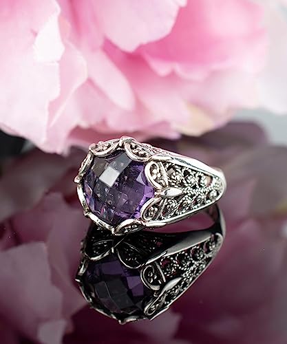 Filigranist 925 Sterling Silver Filigree Art Women Mini Dome Cocktail Ring with Gemstone, Gift Boxed - color: Amethyst