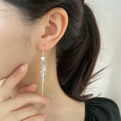 925 Sterling Silver Dangle Earrings with Charms Heart, Water drop, Moon, Star Long Drop Earring for Women Jewelry Gifts Hypoallergenic - color: star tassel