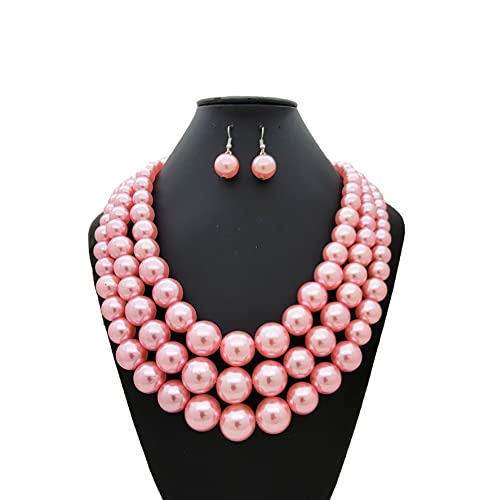 Fashion 21 Women's Faux Pearl Three Multi-Strand Statement Necklace and Earrings Set - color: Pink