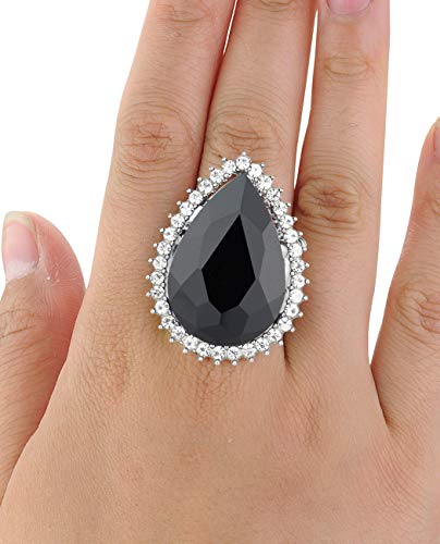 NYFASHION101 Radiant Teardrop Stone Adjustable Cocktail Statement Ring - color: Clear Encircled Teardrop, Jet Black