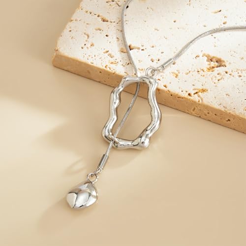 Trendy Long Gold or Silver Teardrop Tassel Y Necklace, Delicate Hollow Irregular Geometric Necklaces for Women Punk Party Charm Statement Jewelry Gift - color: Silver 2