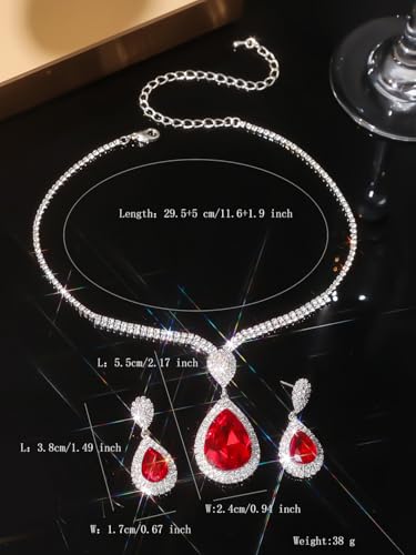 Fashion Red Black Colorful Bridal Teardrop Layered Crystal Necklace Earrings Set Sparkly Rhinestone Crystal Elegant Bridal Teardrop Shape Choker Earrings For Prom Costume Set Christmas Halloween Full Rhinestone Choker Necklace Earrings for Women - color: