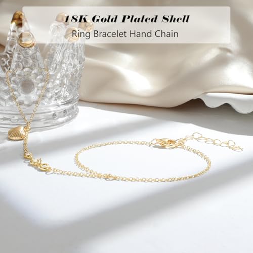 Emibele Gold Bracelets for Women, 18K Gold Plated Hand Chain, Cubic Zirconia Stainless Steel Non Tarnish Hand Chain Bracelet with Finger Ring, Adjustable Trendy Jewelry Valentines Day Gifts for Women - style: Shell Design