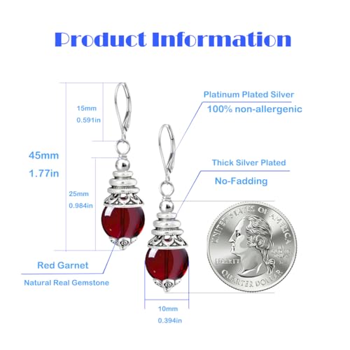 Natural 10mm Stone Beads Drop Earrings,Retro Silver Round Quartz Crystal Gemstone Beads Dangle Earrings for Women - color: A01_Red Garnet
