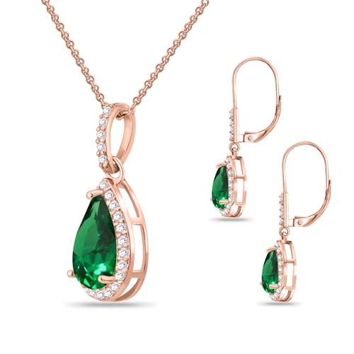 Jewelry Sets for Women, Necklace and Earring Sets for Women, Birthstone Jewelry, Genuine or Synthetic Gemstones, Teardrop Necklace and Dangle Earrings, Pendant Necklace, Sterling Silver Jewelry - color: Simulated Emerald - Rose Gold