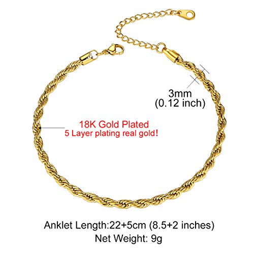 Adjustbale Link Chain Anklet for Women Summer Jewelry, 316L Stainless Steel Figaro/Wheat/Twist Rope/Cuban Foot Bracelet-Waterproof, Resizable 9"-12" (Gift Box Included) - color: 1, Rope - Gold
