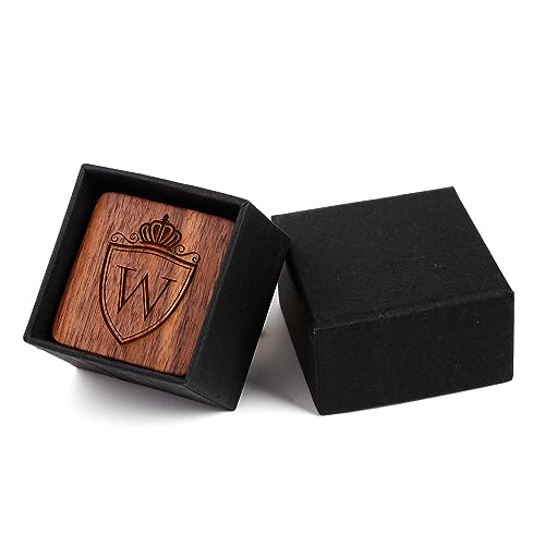 Mens Initial Silver Cufflinks A-Z Alphabet Letter Steel Cuff Links with Engraved Walnut Wood Box Groom Groomsman Wedding Set… - style: W