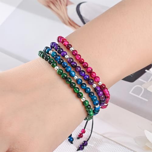 Natural Stone&925 Sterling Silver/18K Gold Anklet,│4MM│9-12 in│, Hand Woven, Adjustable Size - color: 925 Sterling Silver&Greener Tiger's Eye,4MM