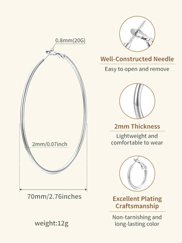 FindChic Thin Hoop Earrings for Women,Silver/Black/Gold Plated 20-100mm - color: Silver, size: 70mm