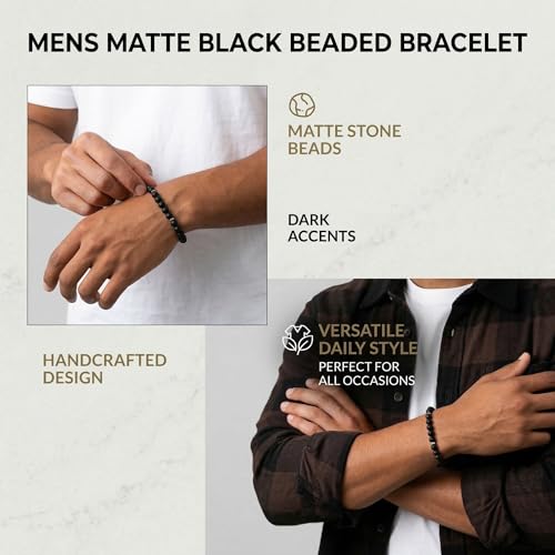 Flybar Men's 4 Piece Beaded Bracelet Set, Natural Lava Stone Black Onyx Matte Agate Tiger Eye, Stretchable Elastic Handmade Stackable - color: CD01 Tiger Eye Cross
