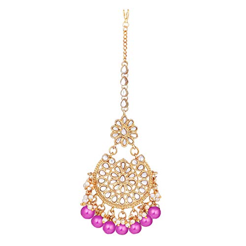 Aheli Elegant Indian Wedding Wear Faux Kundan Studded Choker Necklace with Maang Tikka Set Ethnic Fashion Jewelry for Women Maroon Kundan & Pearl Drop - color: Rani Pink