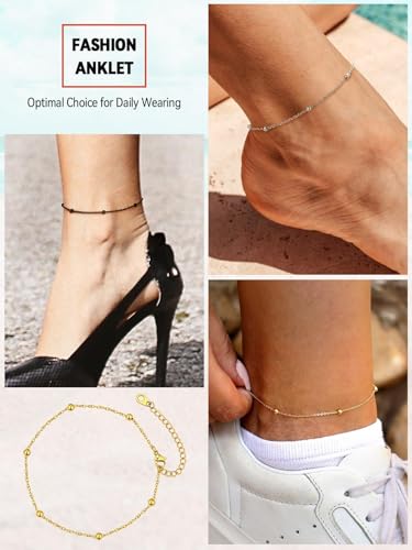FaithHeart Waterproof Ankle Bracelets for Women, 1/2/3Pcs Non Tarnish Stainless Steel Layered Anklet Set Paperclip Figaro Cuban Link Chain Dainty Summer Beach Jewelry Gift Adjustable Size - style: a.Bead - Gold