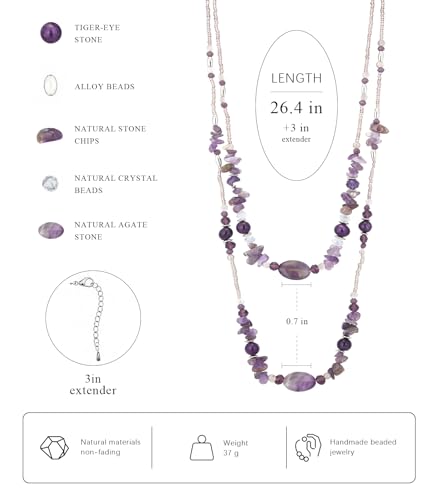 Noessla Boho Long Beaded Necklaces for Women Double Layer Chunky Irregular Stone Beads Strand Statement Jewelry Mothers Day Gifts - color: Amethyst
