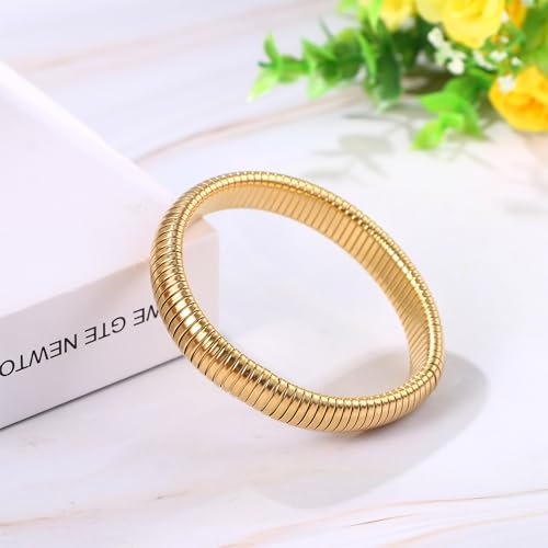 NMQLX Women's Elastic Bangle Bracelets: Stainless Steel Gold Chunky Wristband Bracelets - color: Gold - 12mm